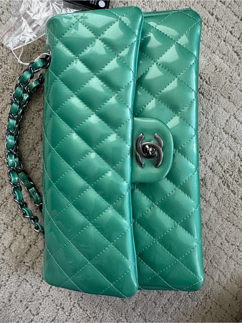 CHANEL Quilted Patent Shoulder Bag in Green Teal Pearl like new